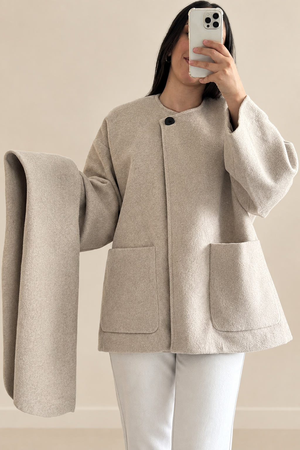 Veste Oversize Beige Chiné – Col Rond & Écharpe Assortie