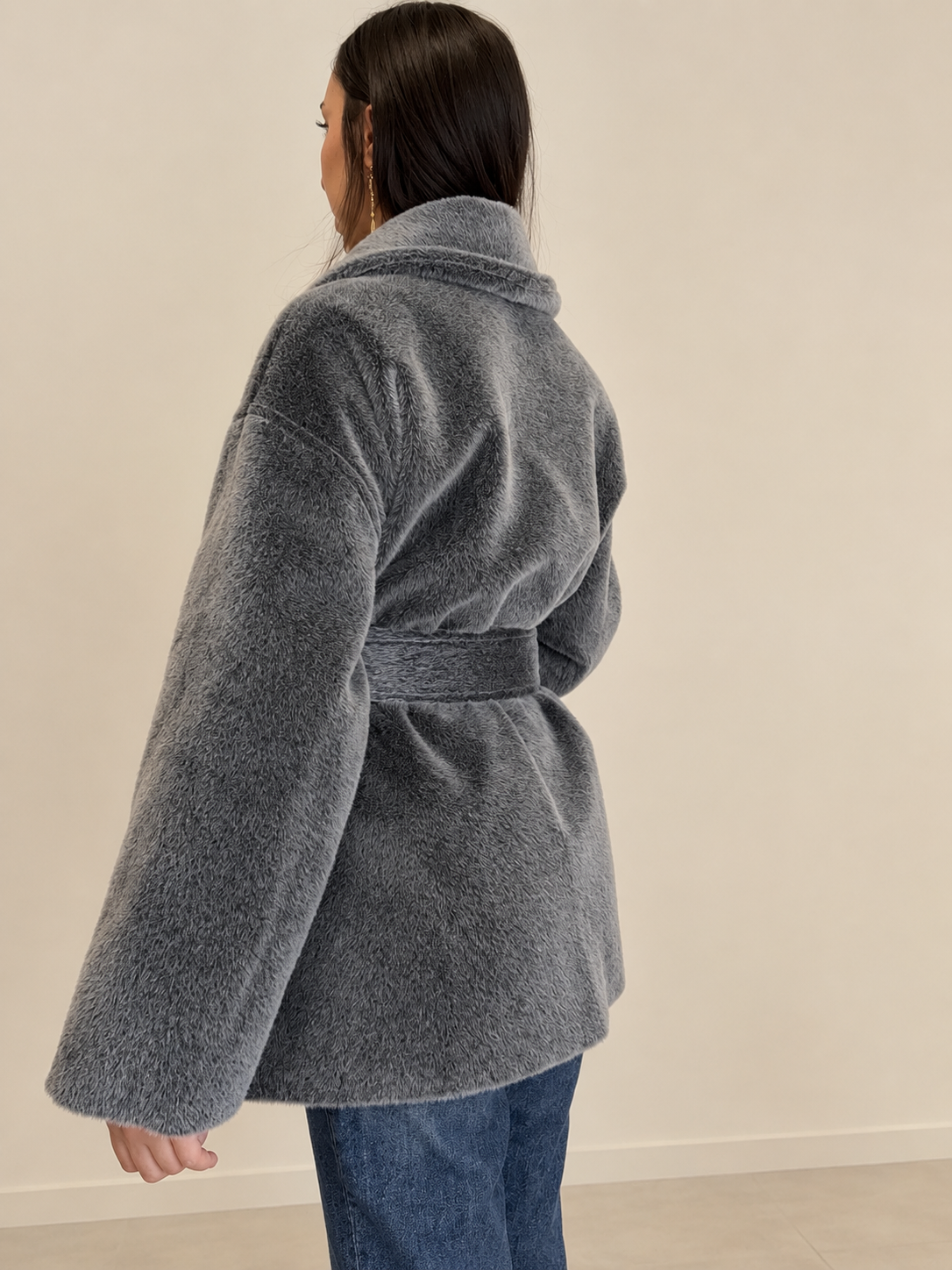 Manteau Court Gris Anthracite – Col Châle & Ceinture à Nouer