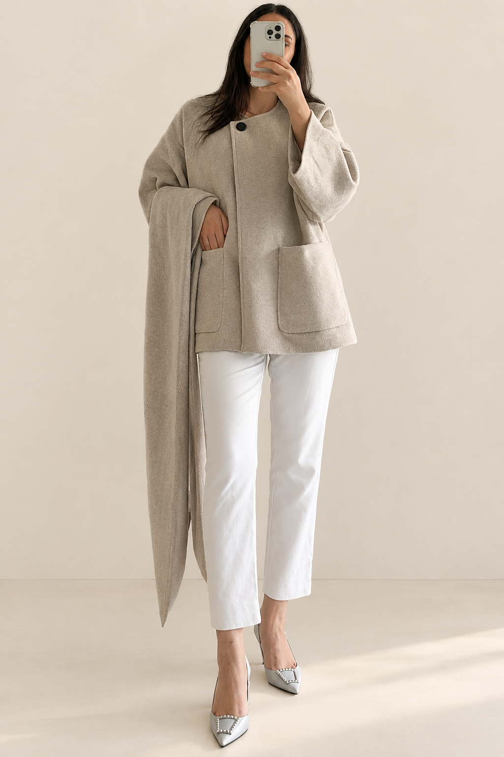 Veste Oversize Beige Chiné – Col Rond & Écharpe Assortie