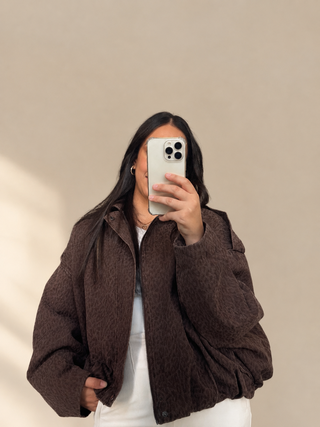 Veste blouson oversize femme marron imprimé léopard