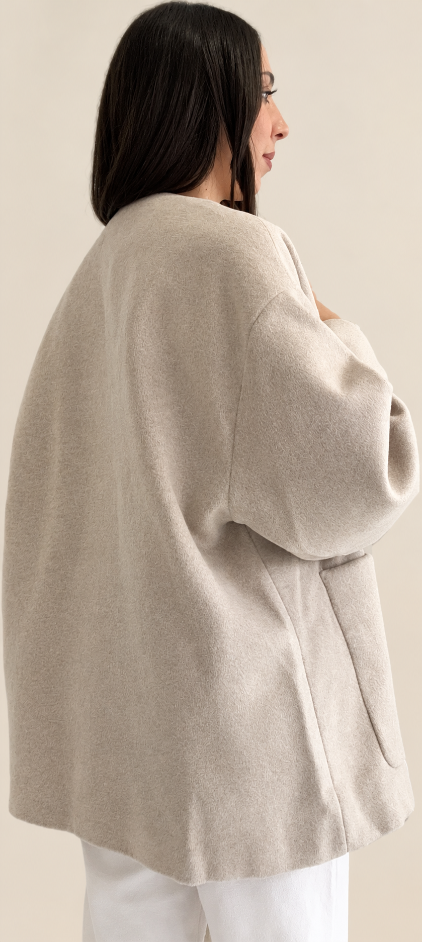 Veste Oversize Beige Chiné – Col Rond & Écharpe Assortie