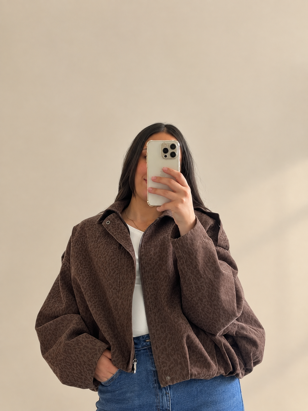 Veste Blouson Oversize Marron Motif Léopard – Col Chemise Zippé