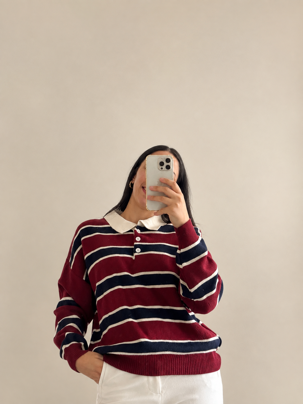 Pull Polo Rayé Bordeaux & Marine – Col Écru Style Rugby