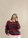 Pull Polo Rayé Bordeaux & Marine – Col Écru Style Rugby