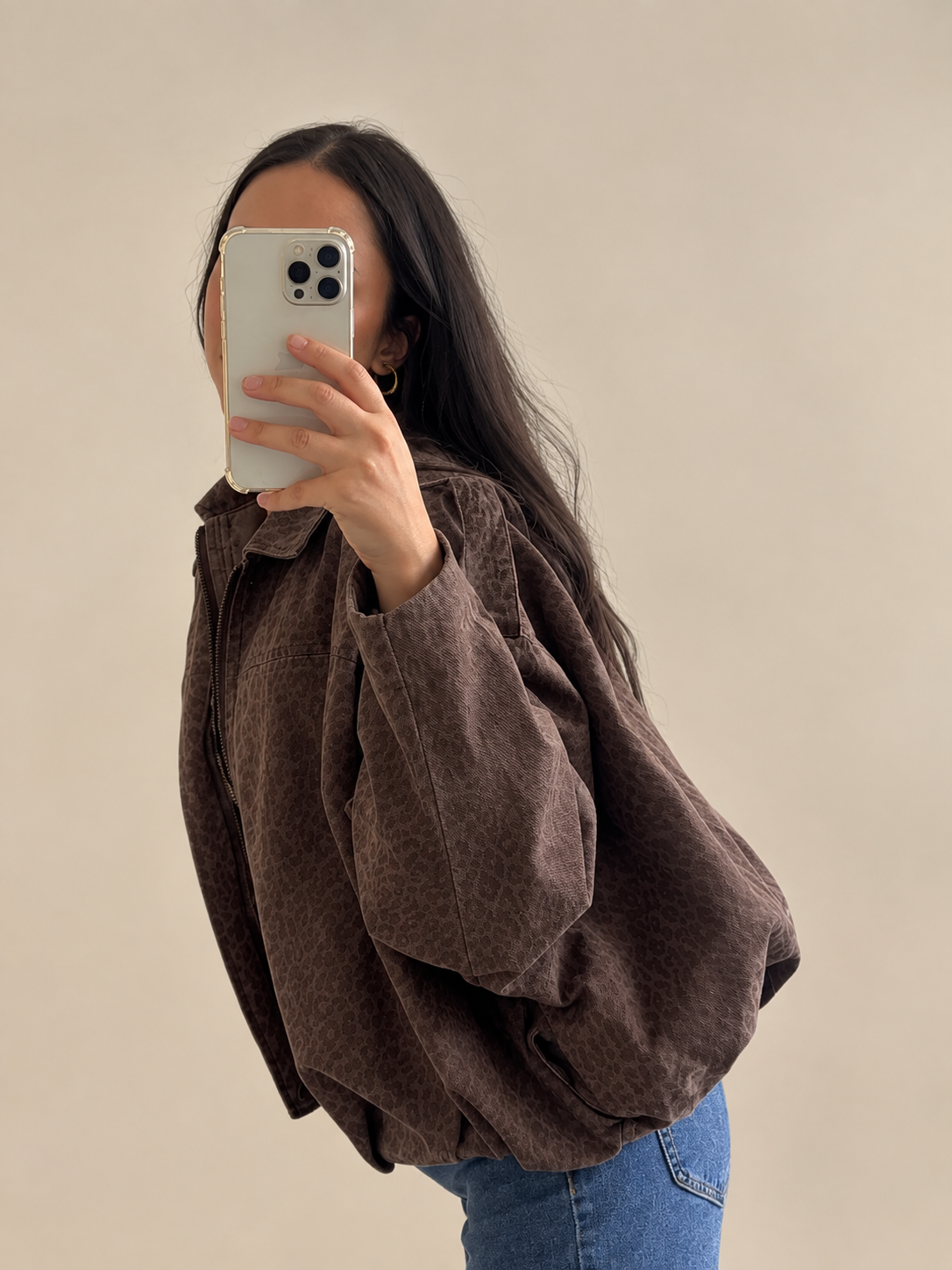 Veste Blouson Oversize Marron Motif Léopard – Col Chemise Zippé