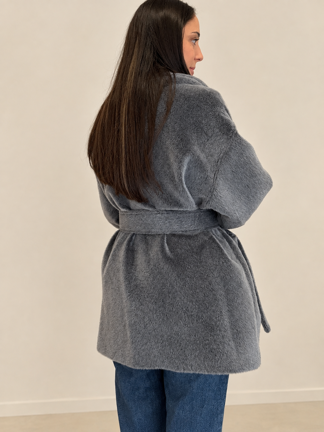 Manteau Court Gris Anthracite – Col Châle & Ceinture à Nouer