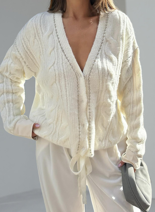 Cardigan Couture en Maille Blanc à Finitions Simili Cuir