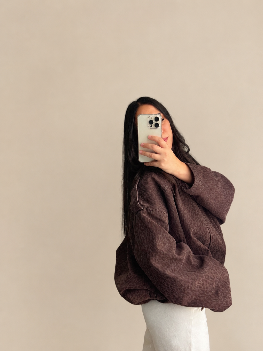 Veste léopard marron col chemise zippé coton
