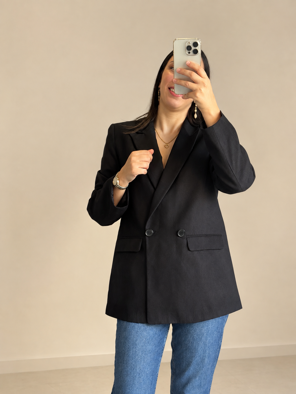 Blazer Croisé Noir Effet Daim – Double Boutonnage