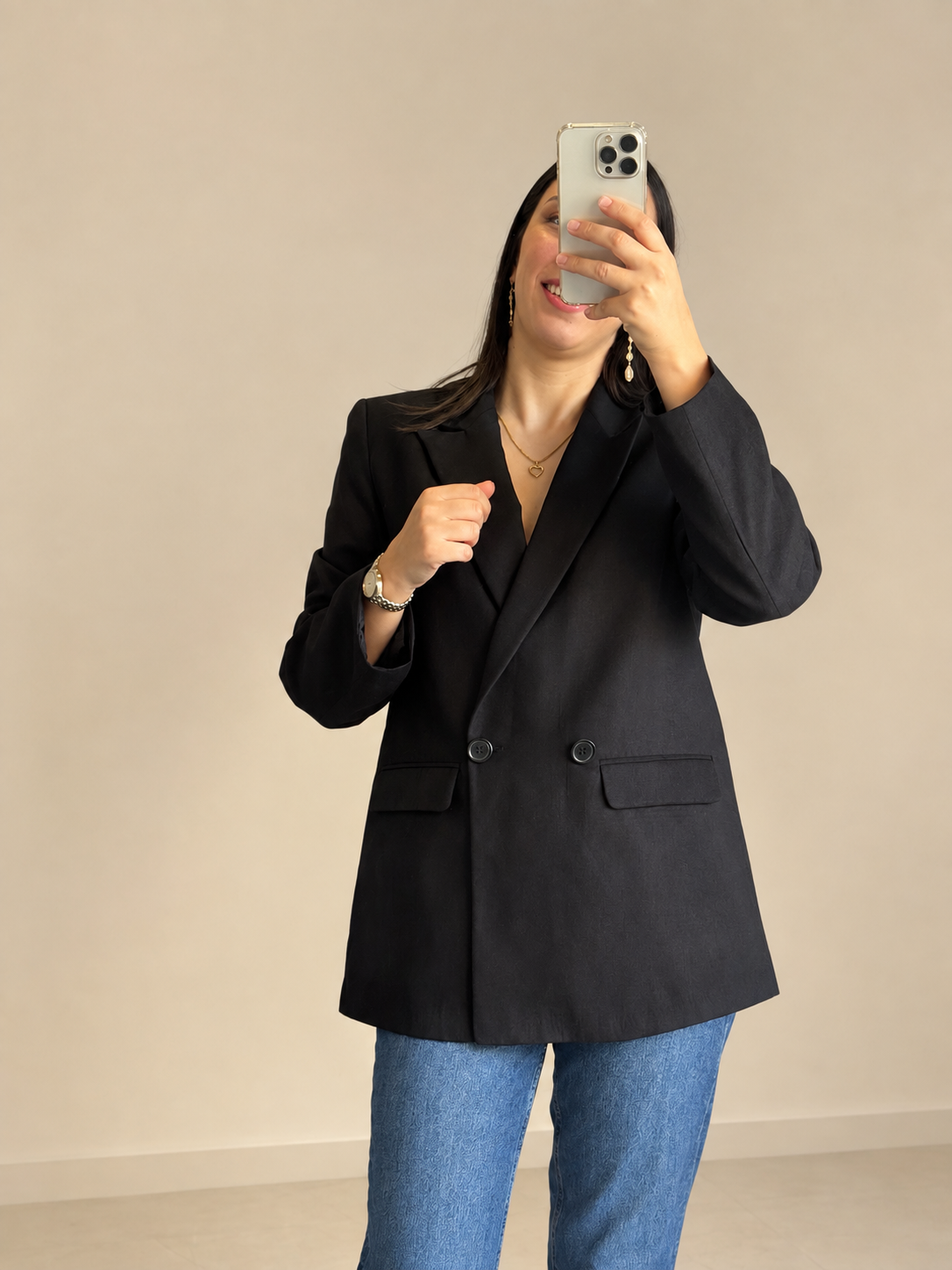 Blazer Croisé Noir Effet Daim – Double Boutonnage