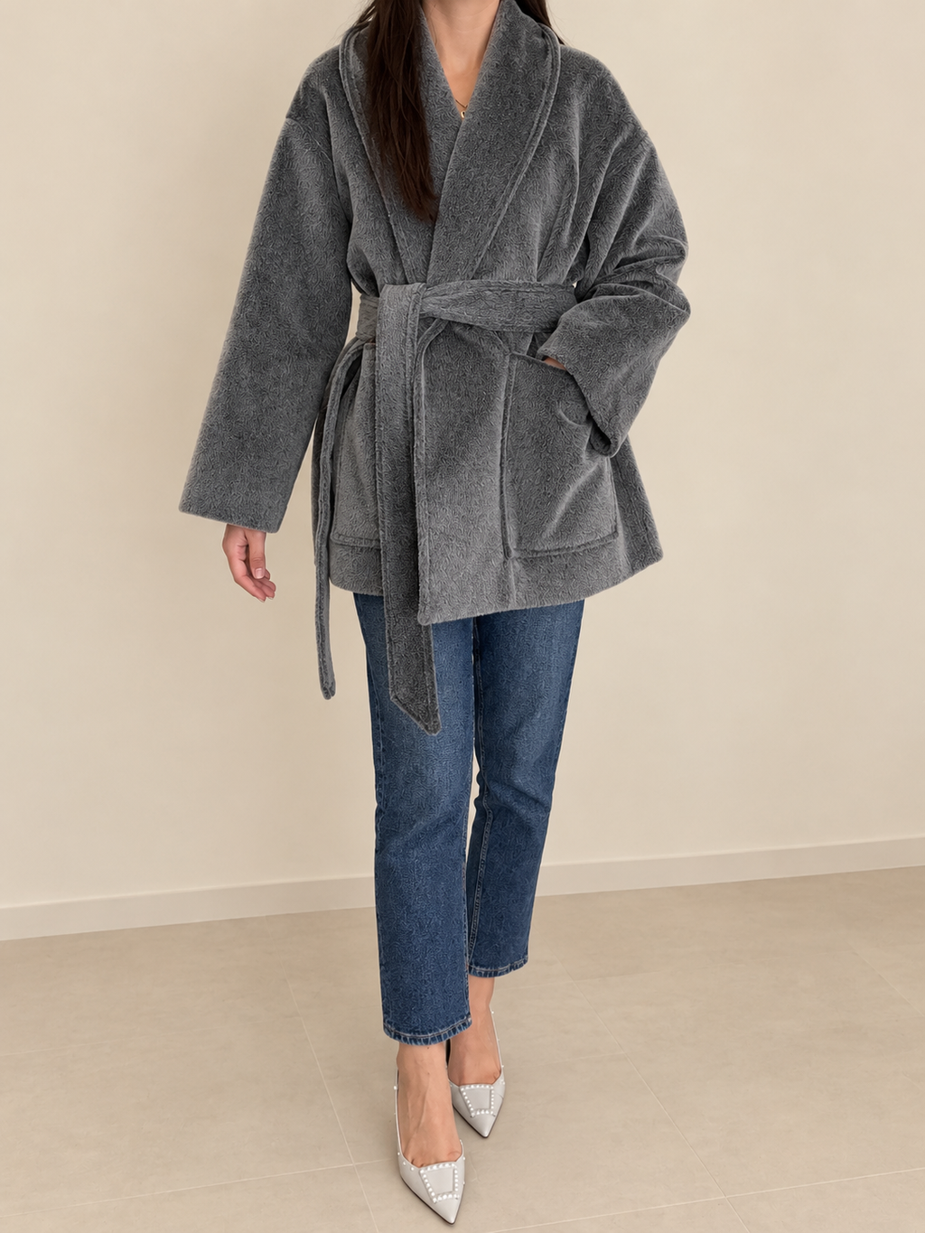 Manteau Court Gris Anthracite – Col Châle & Ceinture à Nouer