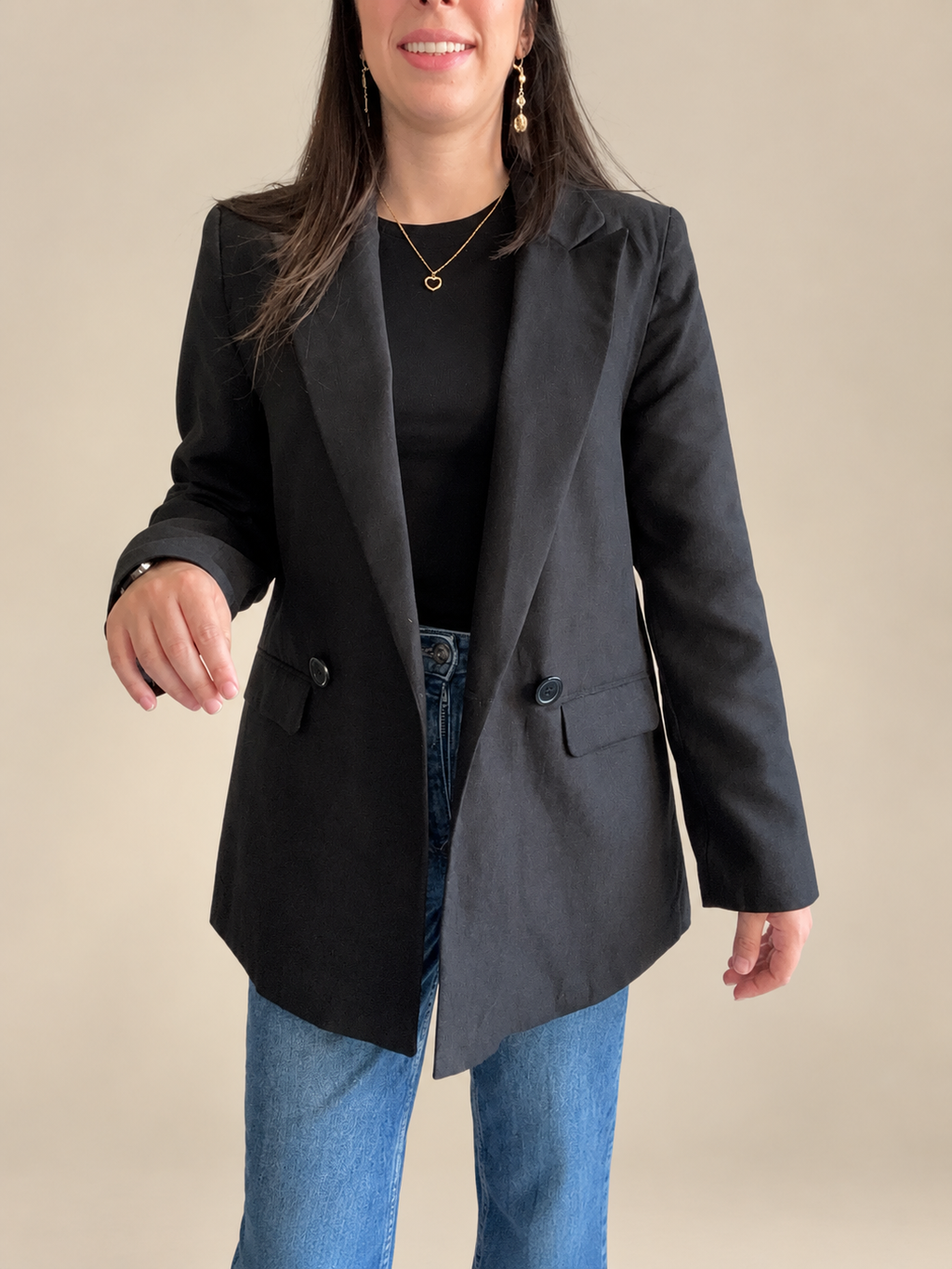 Blazer Croisé Noir Effet Daim – Double Boutonnage
