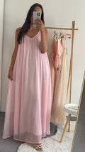 Robe Maxi Voile Plissé – Bretelles Perlées | Rose Poudré & Beige
