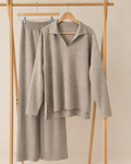 Ensemble femme maille taupe pull col polo et pantalon large