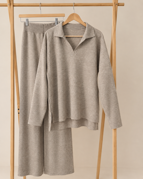 Ensemble Maille Taupe – Pull Col Polo & Pantalon Large