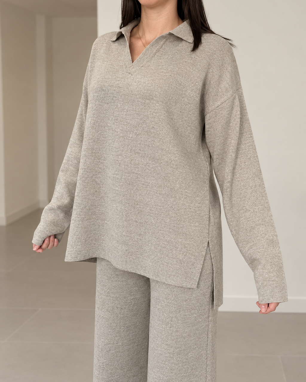 Ensemble maille taupe femme détail de la maille