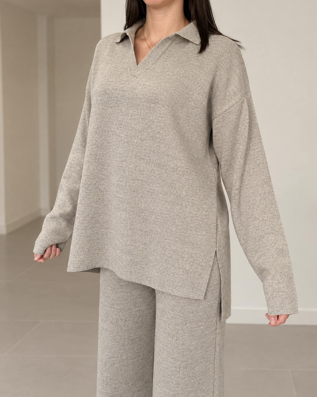 Ensemble maille taupe femme détail de la maille